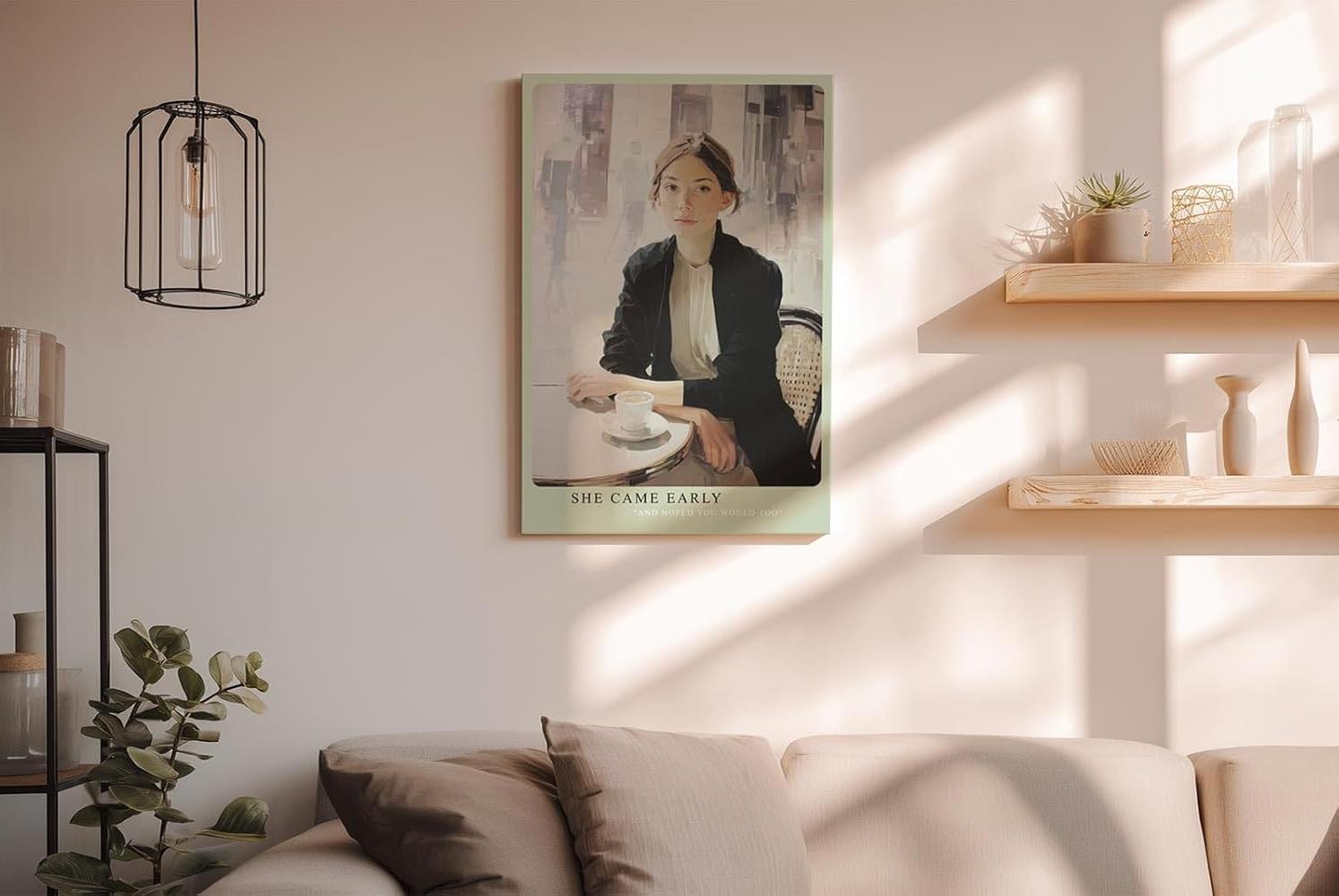 Paul Sinus Wandbild in 40x60cm She Came Early – Elegantes Porträt einer Frau am Café-Tisch, modern interpretiert in Bilder mit hellen, klaren Farbtönen