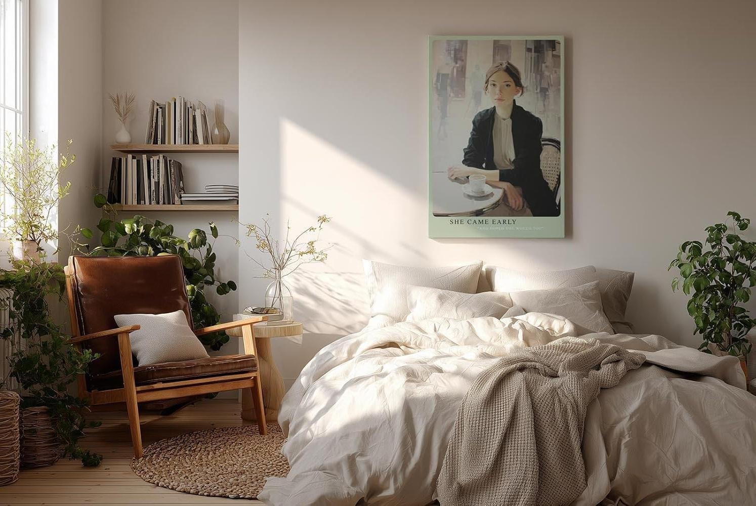 Paul Sinus Wandbild in 40x60cm She Came Early – Elegantes Porträt einer Frau am Café-Tisch, modern interpretiert in Bilder mit hellen, klaren Farbtönen