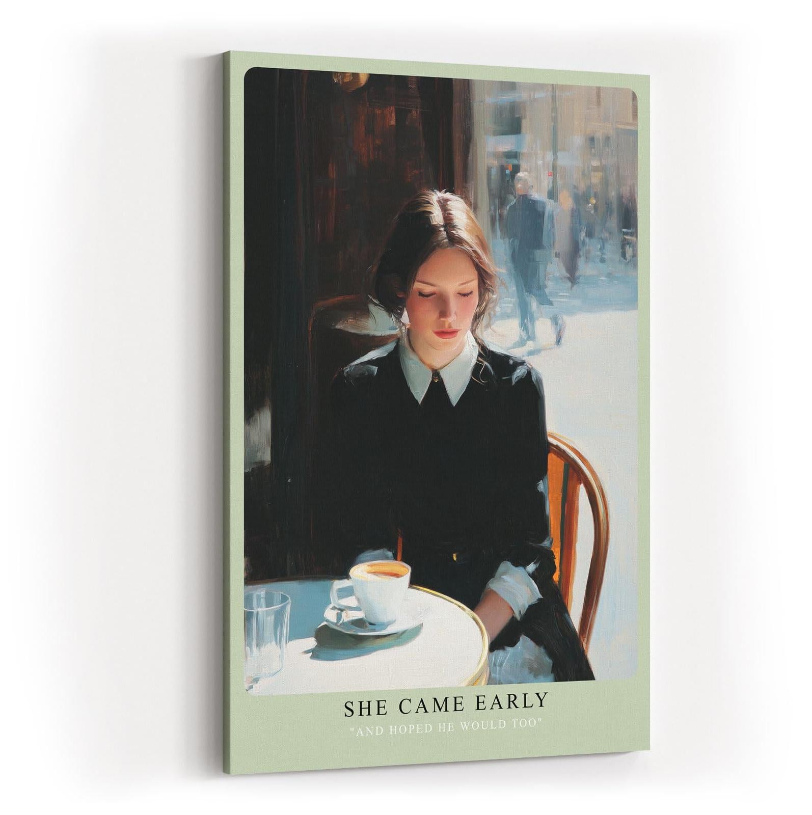 Paul Sinus Wandbild in 40x60cm She Came Early – Zartes Porträt einer Frau am Café-Tisch in Paris, nachdenklich auf ihre Tasse Kaffee blickend, moderne Bilder mit sanften Farbtönen