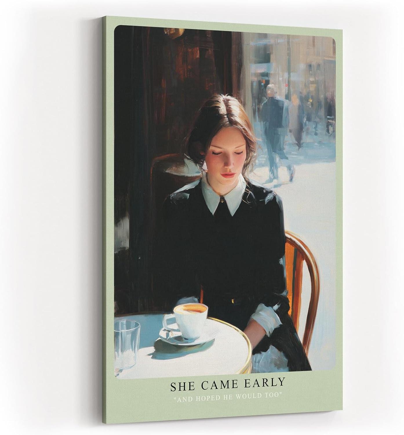 Paul Sinus Wandbild in 40x60cm She Came Early – Zartes Porträt einer Frau am Café-Tisch in Paris, nachdenklich auf ihre Tasse Kaffee blickend, moderne Bilder mit sanften Farbtönen