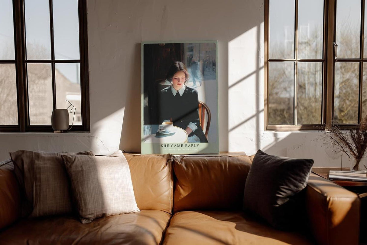Paul Sinus Wandbild in 40x60cm She Came Early – Zartes Porträt einer Frau am Café-Tisch in Paris, nachdenklich auf ihre Tasse Kaffee blickend, moderne Bilder mit sanften Farbtönen