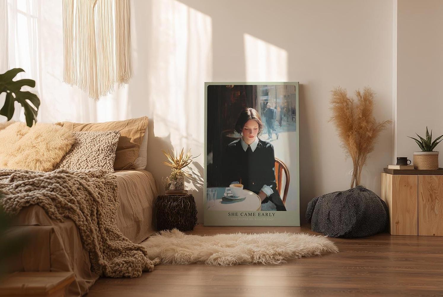 Paul Sinus Wandbild in 40x60cm She Came Early – Zartes Porträt einer Frau am Café-Tisch in Paris, nachdenklich auf ihre Tasse Kaffee blickend, moderne Bilder mit sanften Farbtönen