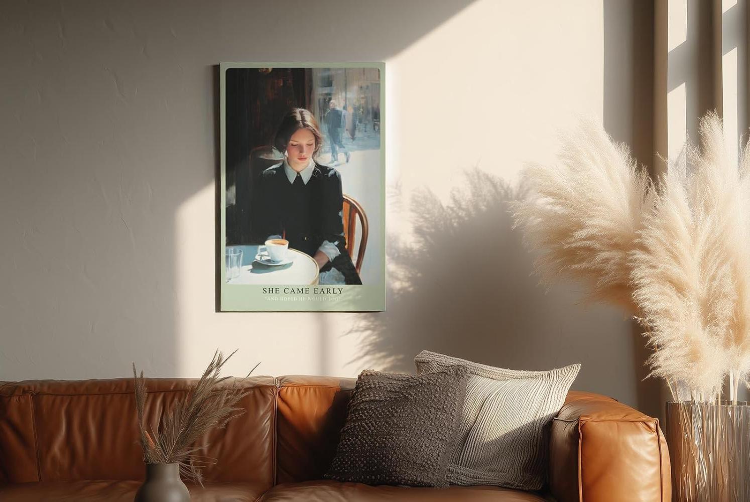 Paul Sinus Wandbild in 40x60cm She Came Early – Zartes Porträt einer Frau am Café-Tisch in Paris, nachdenklich auf ihre Tasse Kaffee blickend, moderne Bilder mit sanften Farbtönen