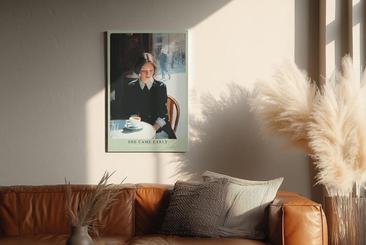 Paul Sinus Wandbild in 40x60cm She Came Early – Zartes Porträt einer Frau am Café-Tisch in Paris, nachdenklich auf ihre Tasse Kaffee blickend, moderne Bilder mit sanften Farbtönen