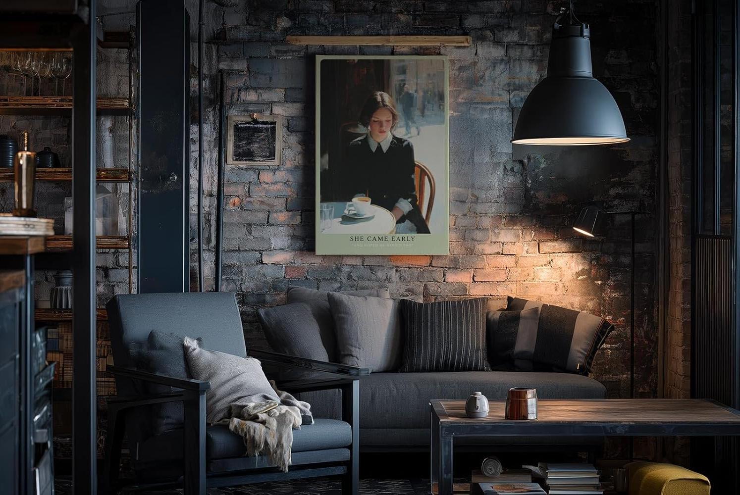 Paul Sinus Wandbild in 40x60cm She Came Early – Zartes Porträt einer Frau am Café-Tisch in Paris, nachdenklich auf ihre Tasse Kaffee blickend, moderne Bilder mit sanften Farbtönen