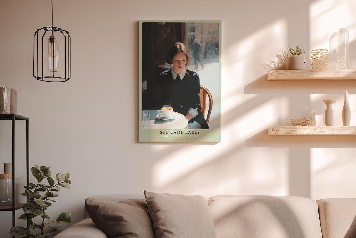 Paul Sinus Wandbild in 40x60cm She Came Early – Zartes Porträt einer Frau am Café-Tisch in Paris, nachdenklich auf ihre Tasse Kaffee blickend, moderne Bilder mit sanften Farbtönen