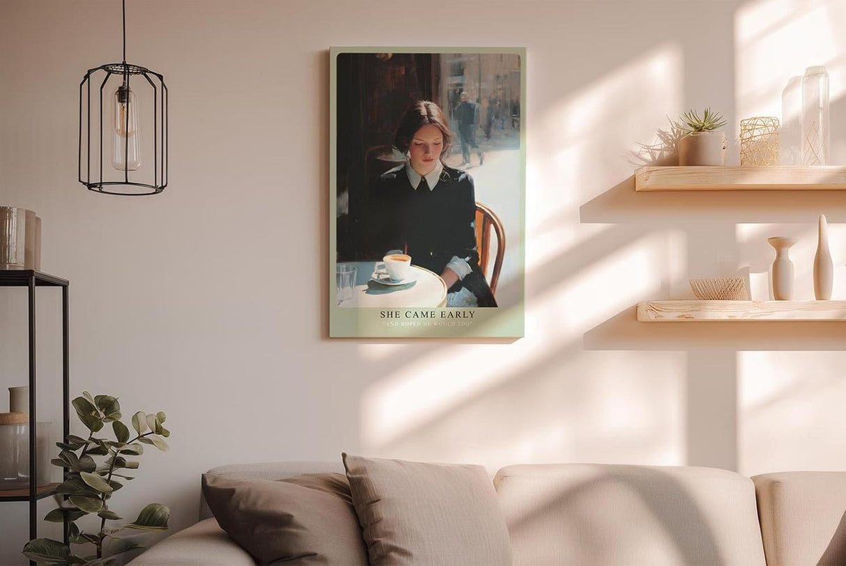 Paul Sinus Wandbild in 40x60cm She Came Early – Zartes Porträt einer Frau am Café-Tisch in Paris, nachdenklich auf ihre Tasse Kaffee blickend, moderne Bilder mit sanften Farbtönen