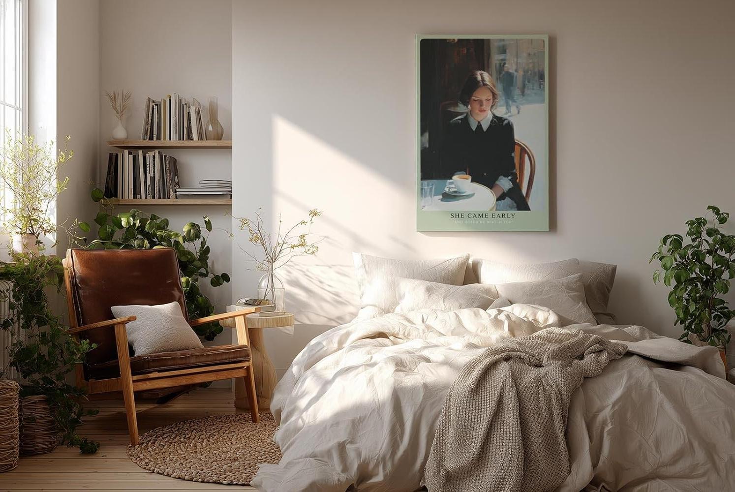 Paul Sinus Wandbild in 40x60cm She Came Early – Zartes Porträt einer Frau am Café-Tisch in Paris, nachdenklich auf ihre Tasse Kaffee blickend, moderne Bilder mit sanften Farbtönen