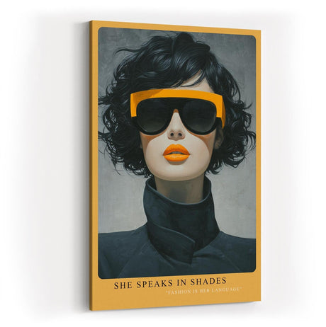 Paul Sinus Wandbild in 40x60cm She Speaks in Shades – modernes Porträt einer Frau mit gelber Sonnenbrille und Lippenstift, Fashion-Art in ausdrucksstarkem Stil