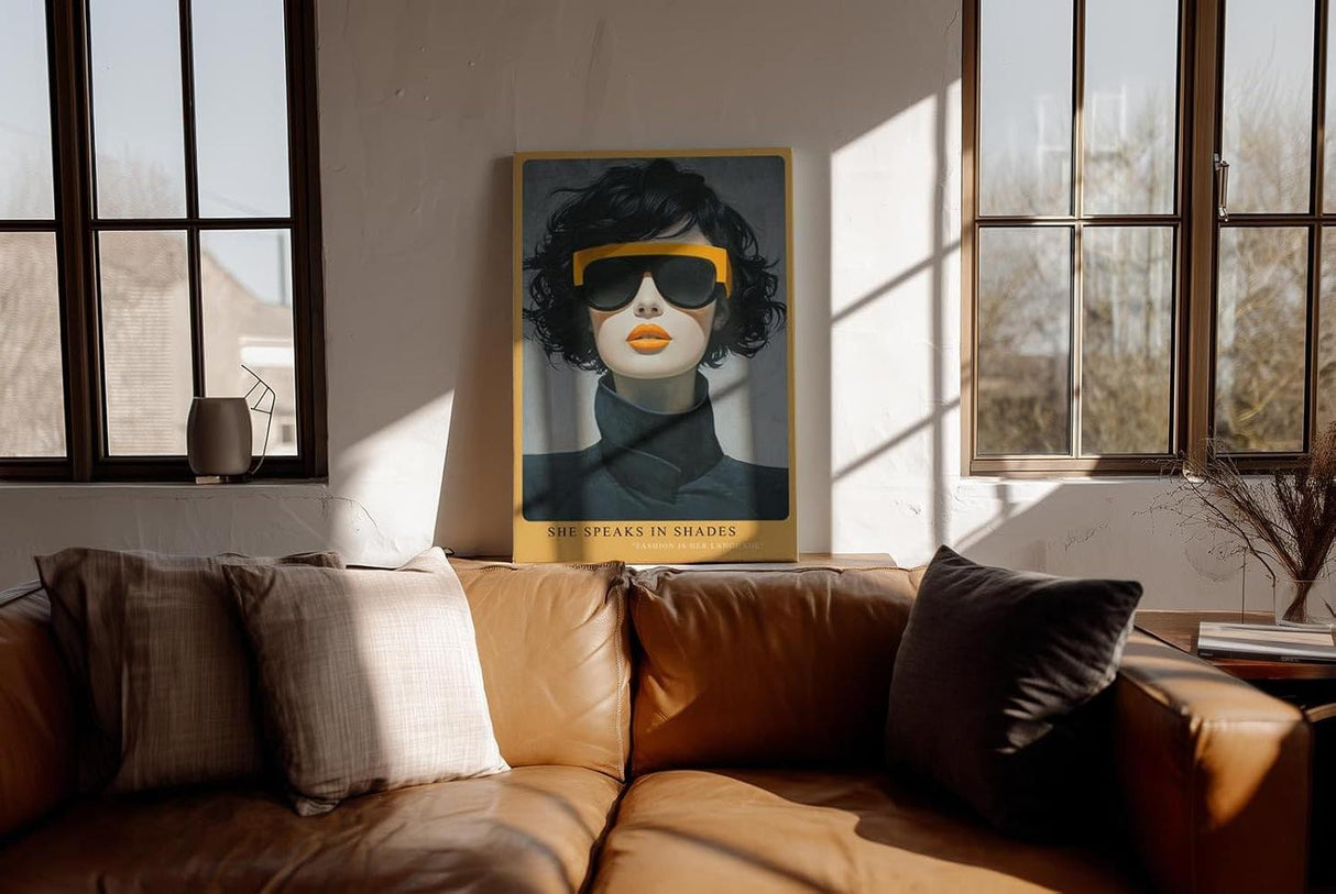 Paul Sinus Wandbild in 40x60cm She Speaks in Shades – modernes Porträt einer Frau mit gelber Sonnenbrille und Lippenstift, Fashion-Art in ausdrucksstarkem Stil
