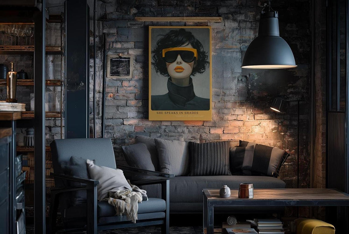 Paul Sinus Wandbild in 40x60cm She Speaks in Shades – modernes Porträt einer Frau mit gelber Sonnenbrille und Lippenstift, Fashion-Art in ausdrucksstarkem Stil