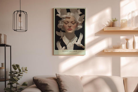 Paul Sinus Wandbild in 40x60cm Silent Reverie Porträt einer Frau mit geschlossenen Augen, umgeben von weißen Tauben, für friedvolle Raumgestaltung