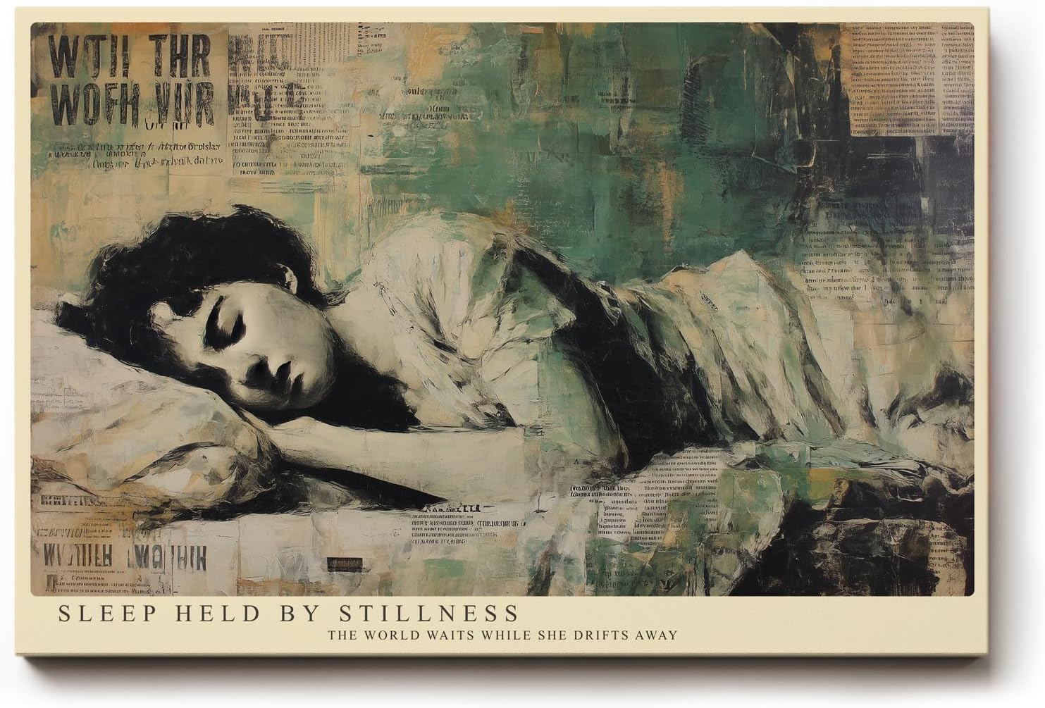 Paul Sinus Wandbild 120x80cm Sleep Held by Stillness ruhendes Frauenportrait Vintage Collage Kunst Poster für Wohnzimmer Schlafzimmer