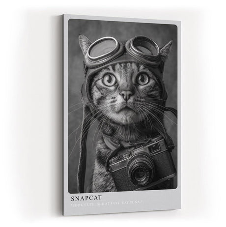 Paul Sinus Wandbild in 40x60cm Snapcat – Humorvolles Katzenporträt in Schwarz-Weiß mit Kamera und Fliegerbrille