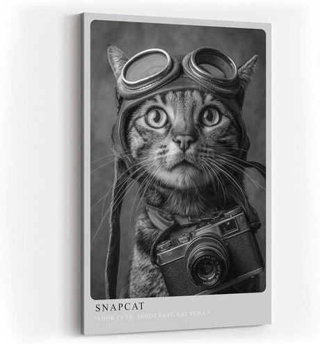 Paul Sinus Wandbild in 40x60cm Snapcat – Humorvolles Katzenporträt in Schwarz-Weiß mit Kamera und Fliegerbrille