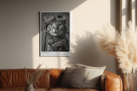 Paul Sinus Wandbild in 40x60cm Snapcat – Humorvolles Katzenporträt in Schwarz-Weiß mit Kamera und Fliegerbrille