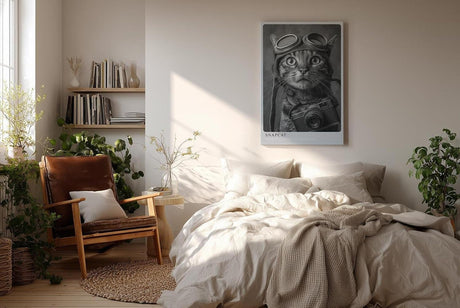 Paul Sinus Wandbild in 40x60cm Snapcat – Humorvolles Katzenporträt in Schwarz-Weiß mit Kamera und Fliegerbrille