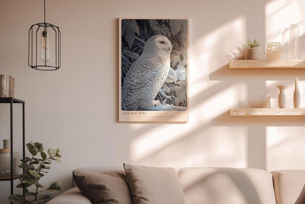 Paul Sinus Wandbild in 40x60cm Snowy Owl – elegante Schneeeule im Profil mit feiner Gefiederzeichnung vor winterlicher Kulisse