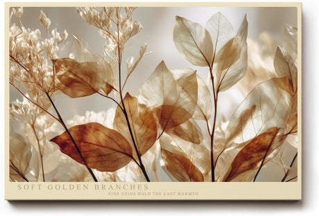 Paul Sinus Wandbild 120x80cm Soft Golden Branches botanische Blätter im warmen Licht Natur Fotokunst Poster für Wohnzimmer Schlafzimmer Büro