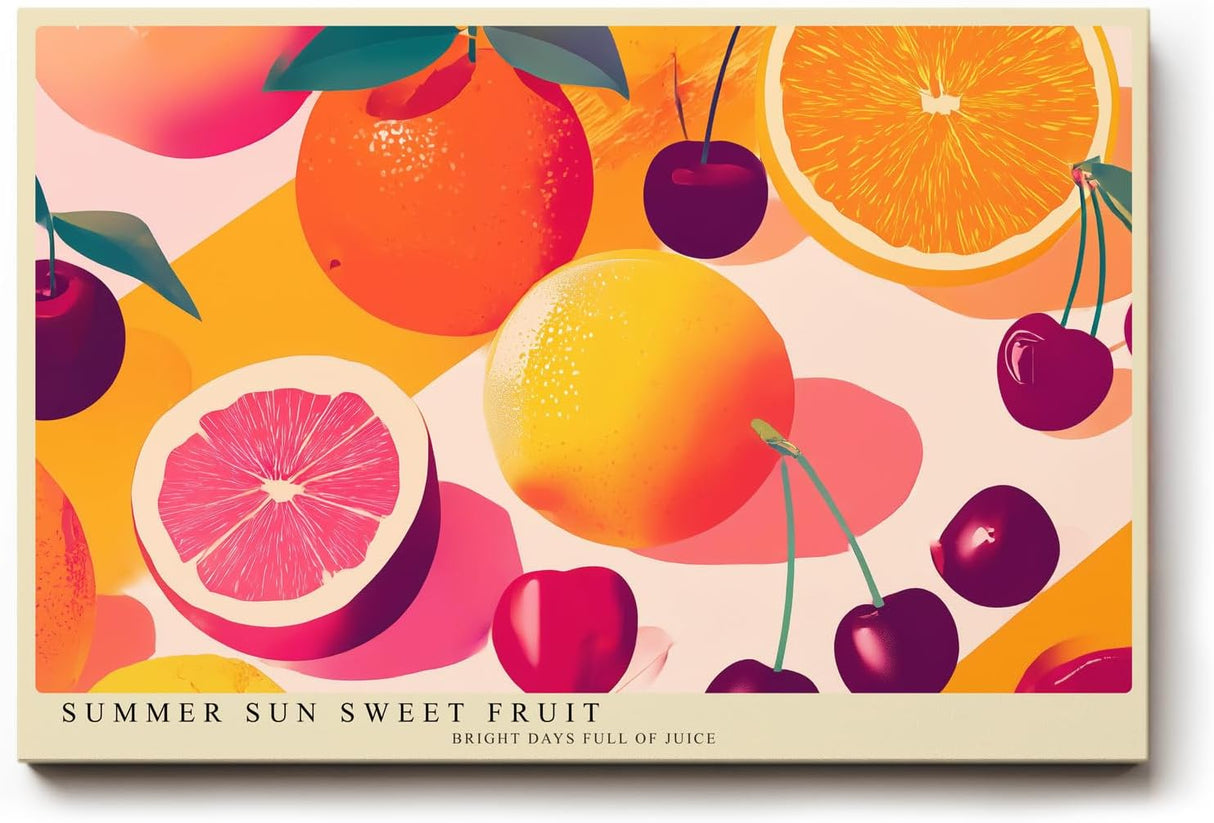 Paul Sinus Wandbild 120x80cm Sommer Früchte Illustration Orange Grapefruit Kirsche farbenfrohe Obst Kunst modernes Küchenbild stilvolle Wanddekoration für Küche Esszimmer Café