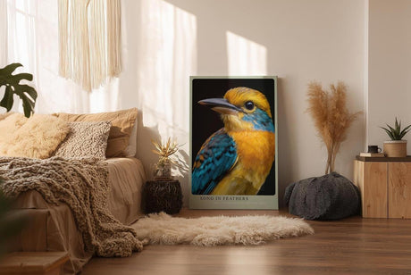 Paul Sinus Wandbild in 40x60cm Song in Feathers – farbenfrohes Vogelporträt in harmonischen Blauund Gelbtönen für stilvolle Raumgestaltung