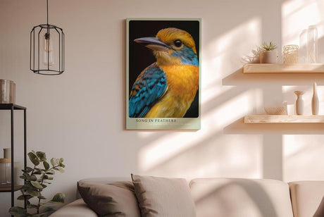 Paul Sinus Wandbild in 40x60cm Song in Feathers – farbenfrohes Vogelporträt in harmonischen Blauund Gelbtönen für stilvolle Raumgestaltung