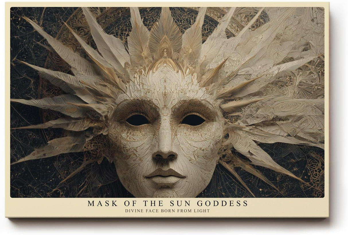 Paul Sinus Wandbild 120x80cm Sonnenmasken Gesicht – Mystische Kunst mit ornamentaler Struktur und heller Eleganz