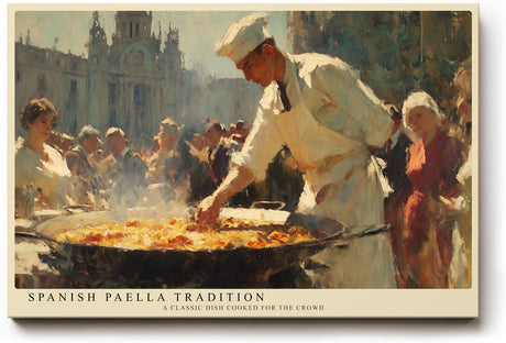Paul Sinus Wandbild 120x80cm Spanische Paella Tradition auf dem Platz – Mediterrane Kochszene mit lebendiger Atmosphäre