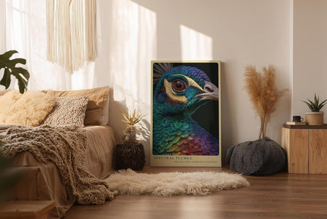 Paul Sinus Wandbild in 40x60cm Spectral Plumes Detailreiches Pfauenportrait in kräftigen Farben