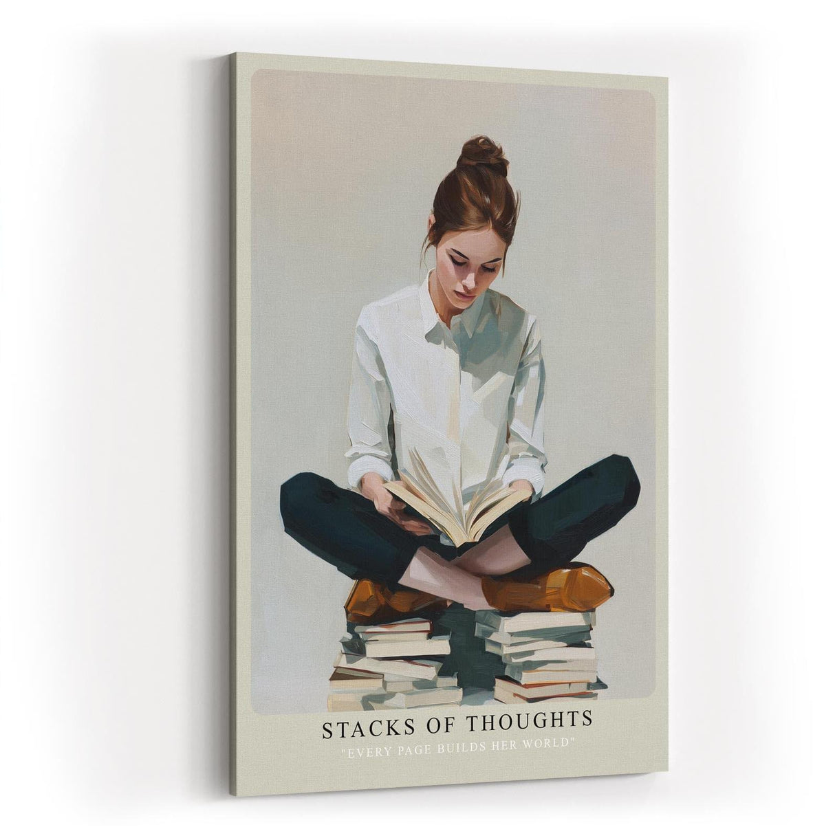 Paul Sinus Wandbild in 40x60cm Stacks of Thoughts – Poetisches Porträt einer jungen Frau, sitzend auf Bücherstapeln und lesend, moderne Bilder in warmen Farbtönen, ruhig und inspirierend