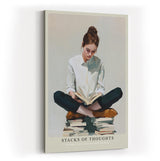 Paul Sinus Wandbild in 40x60cm Stacks of Thoughts – Poetisches Porträt einer jungen Frau, sitzend auf Bücherstapeln und lesend, moderne Bilder in warmen Farbtönen, ruhig und inspirierend