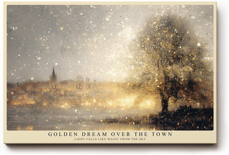 Paul Sinus Wandbild 120x80cm Stadt Landschaft goldene Lichter modern grau gold Kunst Kunstdruck grosses Kunstbild atmosphaerische Wanddekoration fuer Wohnzimmer Büro