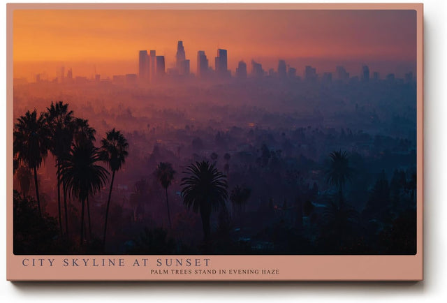 Paul Sinus Wandbild 120x80cm Stadt Skyline Sonnenuntergang moderne Landschaftsfotografie warme Abendfarben Kunstdruck stilvolle Wanddekoration fuer Wohnzimmer Büro