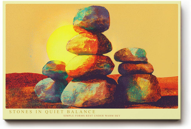 Paul Sinus Wandbild 120x80cm Steinturm Balance abstrakte Naturkunst orange blau modernes Landschaftsmotiv Kunstdruck grosses Wandbild 120x80cm ruhige Wanddekoration fuer Wohnzimmer Büro