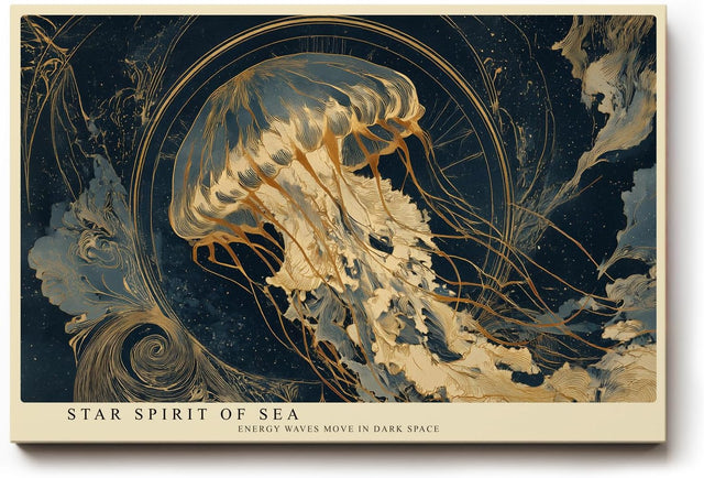 Paul Sinus Wandbild 120x80cm Sternenqualle im Universum Abstrakte Meereskunst in Blau Gold Moderne Wanddekoration