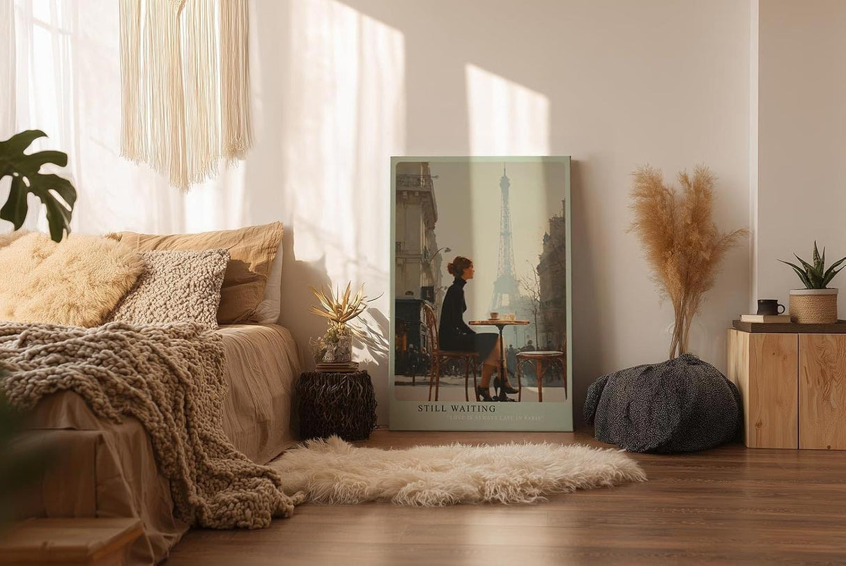 Paul Sinus Wandbild in 40x60cm Still Waiting – Romantische Szene einer Frau im schwarzen Kleid an einem Pariser Straßencafé mit Blick auf den Eiffelturm, moderne Bilder in warmen, weichen Farbtönen
