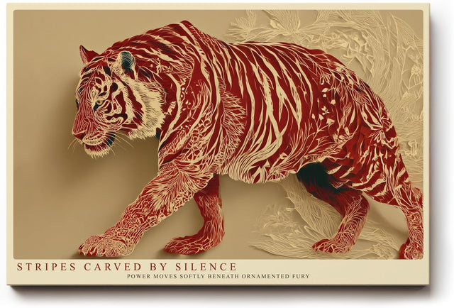 Paul Sinus Wandbild 120x80cm Stilvoller Tiger in Ornamentstruktur Moderne Tierkunst in Rot und Naturtoenen fuer ausdrucksstarke Wohnräume