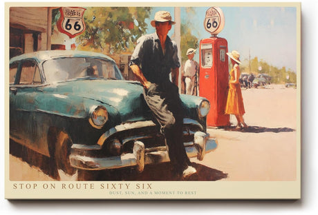 Paul Sinus Wandbild 120x80cm Stop on Route Sixty Six Vintage Roadtrip Szene mit Oldtimer und Tankstelle Retro Kunst fuer Wohnzimmer Büro und Bar