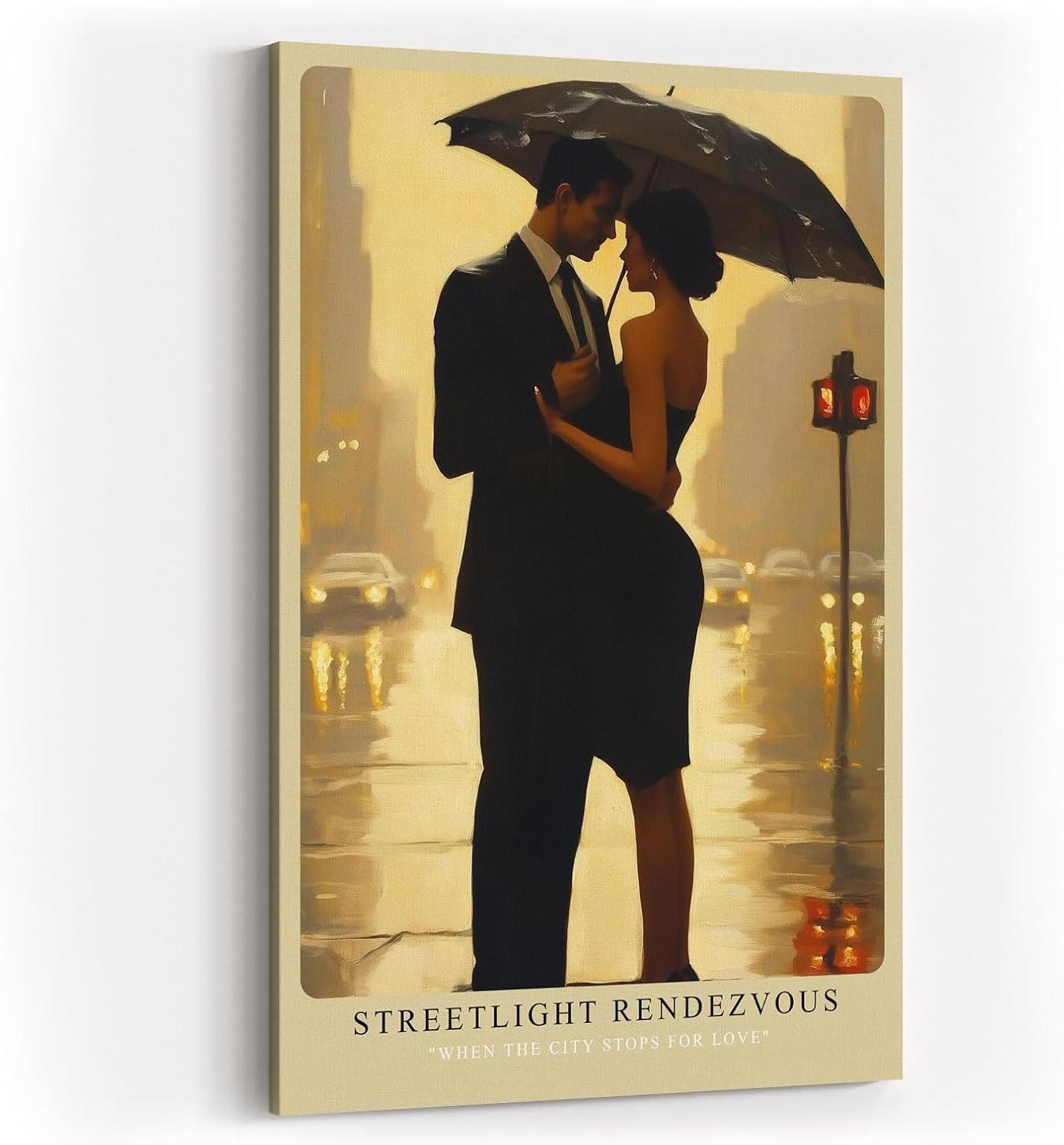 Paul Sinus Wandbild in 40x60cm Streetlight Rendezvous – romantische Stadtszene bei Regen in impressionistischem Stil für elegante Raumgestaltung