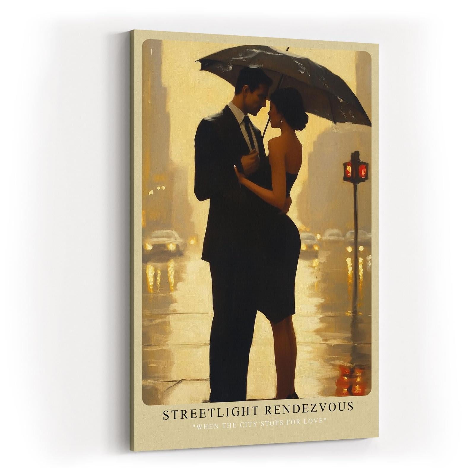 Paul Sinus Wandbild in 40x60cm Streetlight Rendezvous – romantische Stadtszene bei Regen in impressionistischem Stil für elegante Raumgestaltung