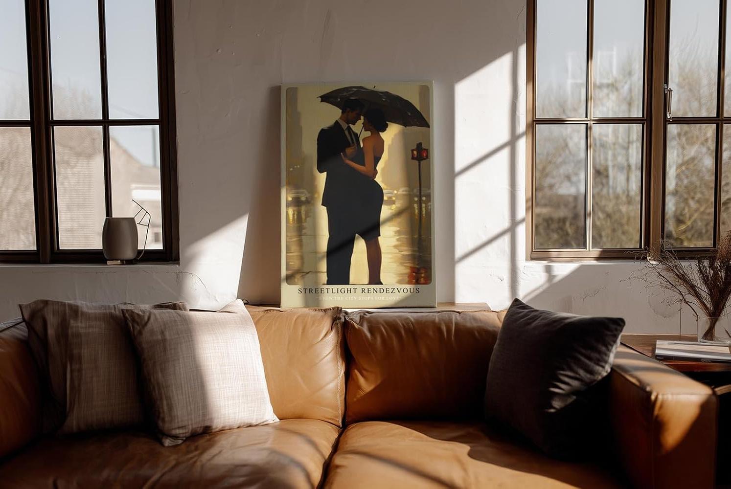 Paul Sinus Wandbild in 40x60cm Streetlight Rendezvous – romantische Stadtszene bei Regen in impressionistischem Stil für elegante Raumgestaltung