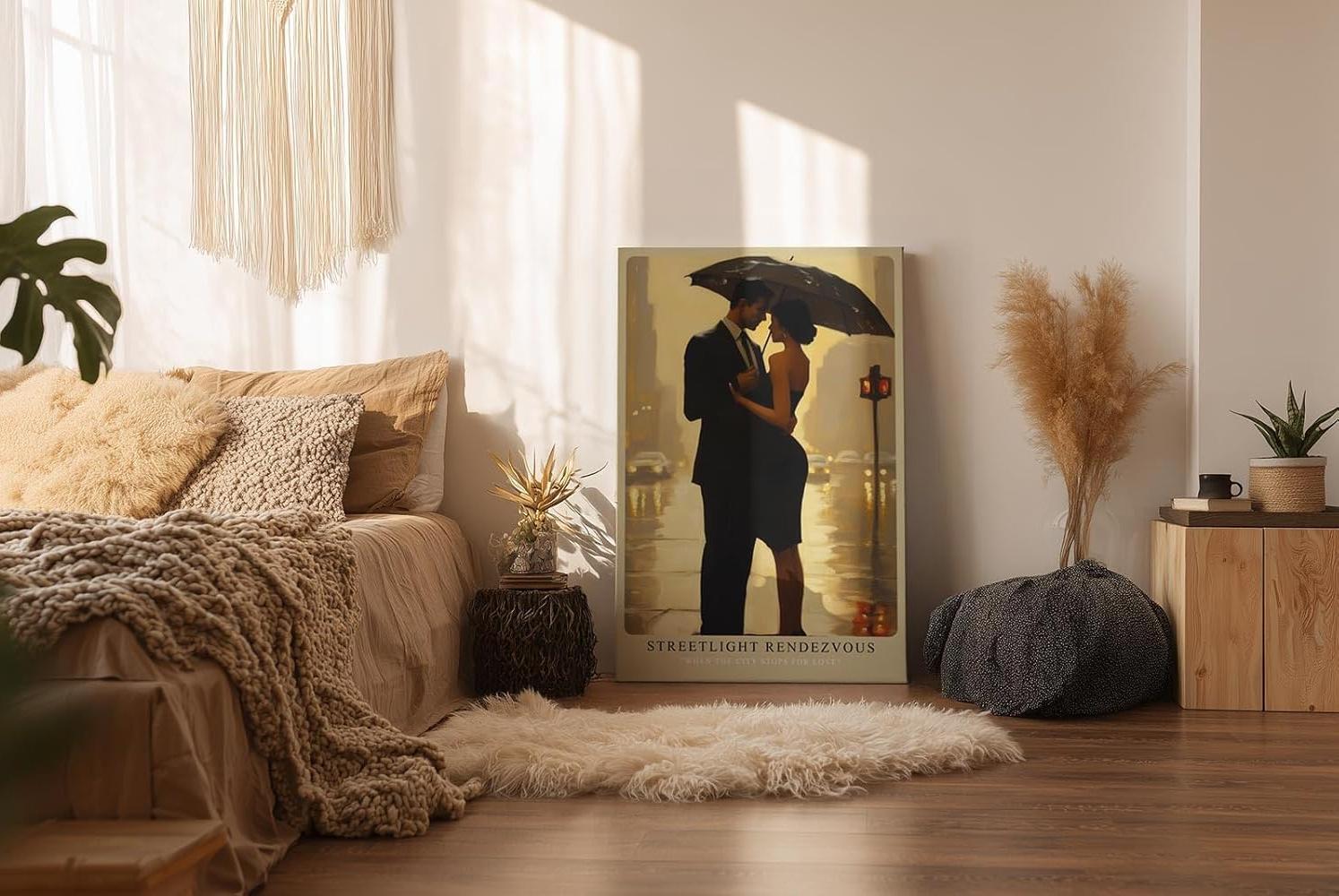 Paul Sinus Wandbild in 40x60cm Streetlight Rendezvous – romantische Stadtszene bei Regen in impressionistischem Stil für elegante Raumgestaltung