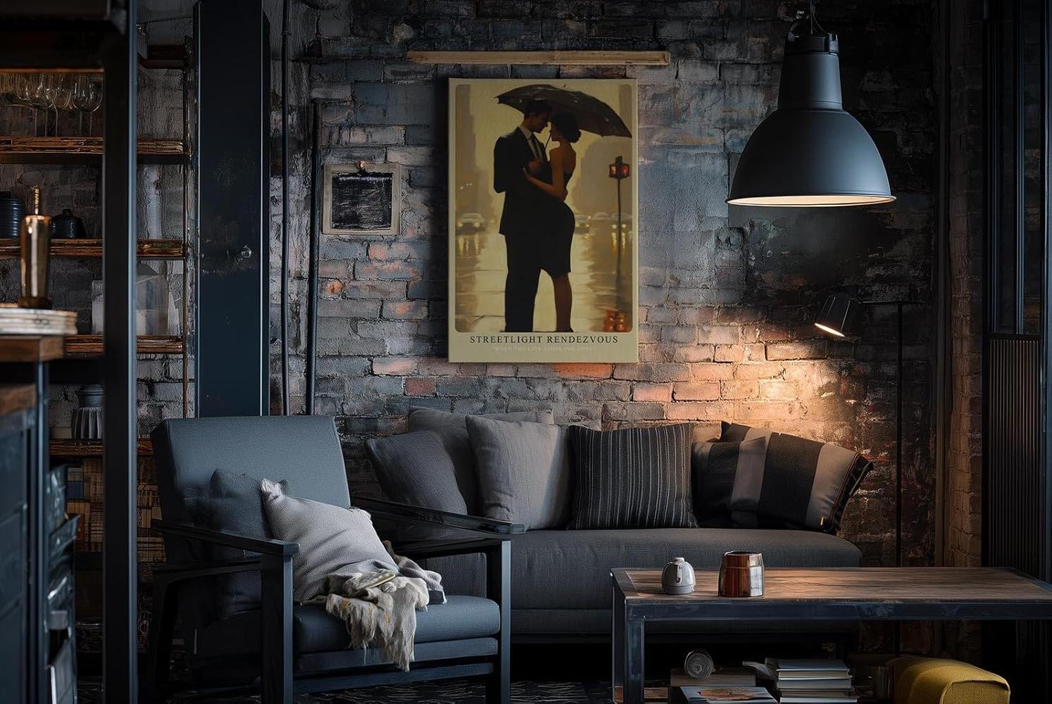 Paul Sinus Wandbild in 40x60cm Streetlight Rendezvous – romantische Stadtszene bei Regen in impressionistischem Stil für elegante Raumgestaltung