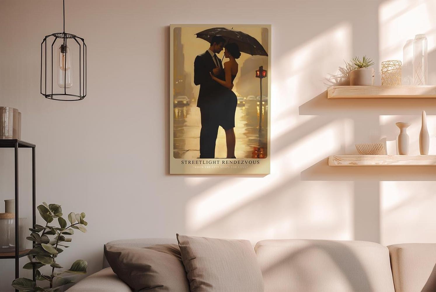 Paul Sinus Wandbild in 40x60cm Streetlight Rendezvous – romantische Stadtszene bei Regen in impressionistischem Stil für elegante Raumgestaltung