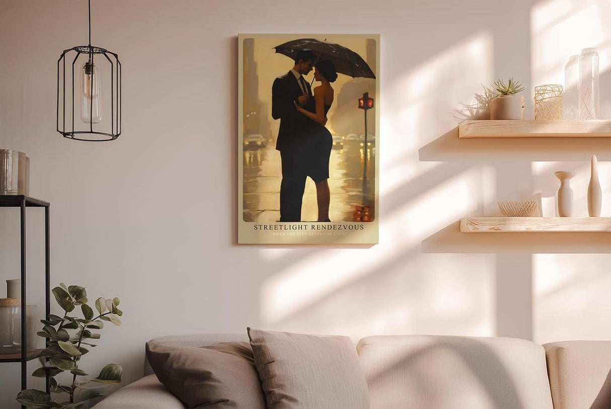 Paul Sinus Wandbild in 40x60cm Streetlight Rendezvous – romantische Stadtszene bei Regen in impressionistischem Stil für elegante Raumgestaltung
