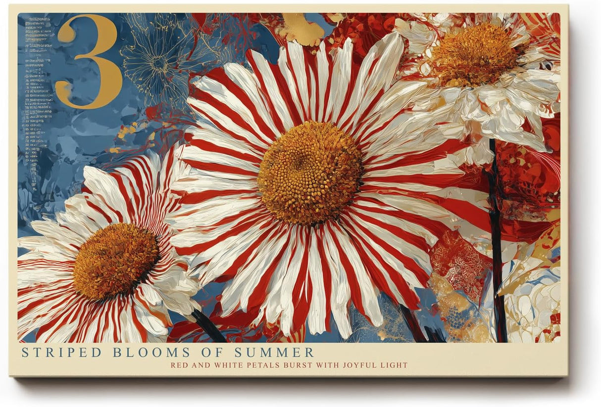 Paul Sinus Wandbild 120x80cm Striped Blooms of Summer moderne Blumen Kunst rote und weiße Blüten Poster für Wohnzimmer Schlafzimmer