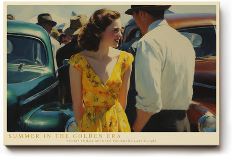 Paul Sinus Wandbild 120x80cm Summer in the Golden Era Vintage Paar mit Oldtimer Klassische Sommer Szene Retro Kunst fuer Wohnzimmer und Büro