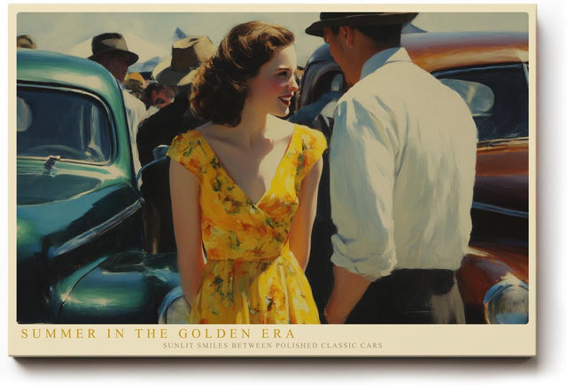 Paul Sinus Wandbild 120x80cm Summer in the Golden Era Vintage Paar mit Oldtimer Klassische Sommer Szene Retro Kunst fuer Wohnzimmer und Büro