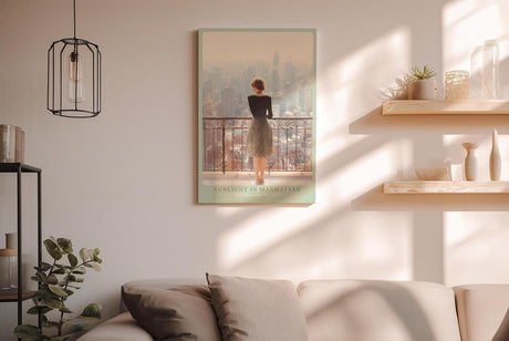 Paul Sinus Wandbild in 40x60cm Sunlight in Manhattan – Frau auf Balkon mit Blick auf Empire State Building, sonnendurchflutetes Stadtmotiv