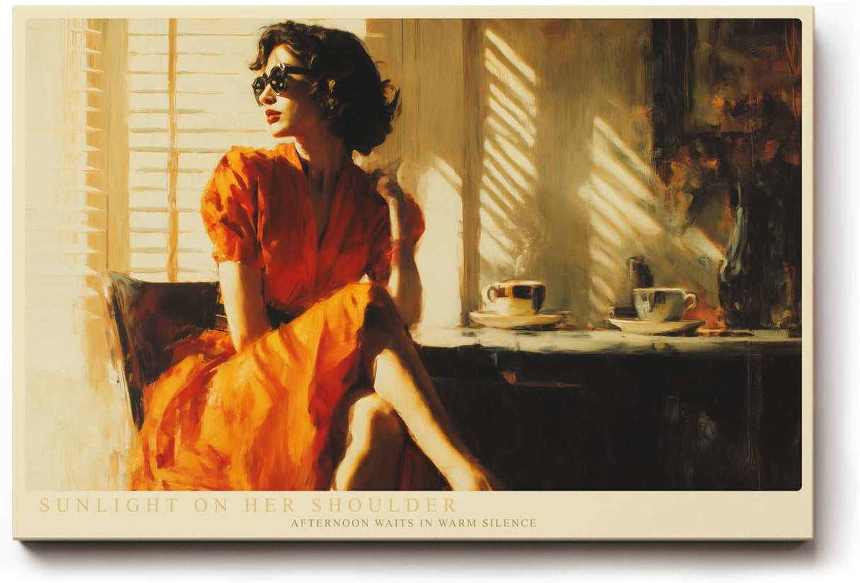 Paul Sinus Wandbild 120x80cm Sunlight on Her Shoulder Elegante Frau im Sonnenlicht Vintage Kaffee Szene Kunst fuer Wohnzimmer Schlafzimmer und Büro